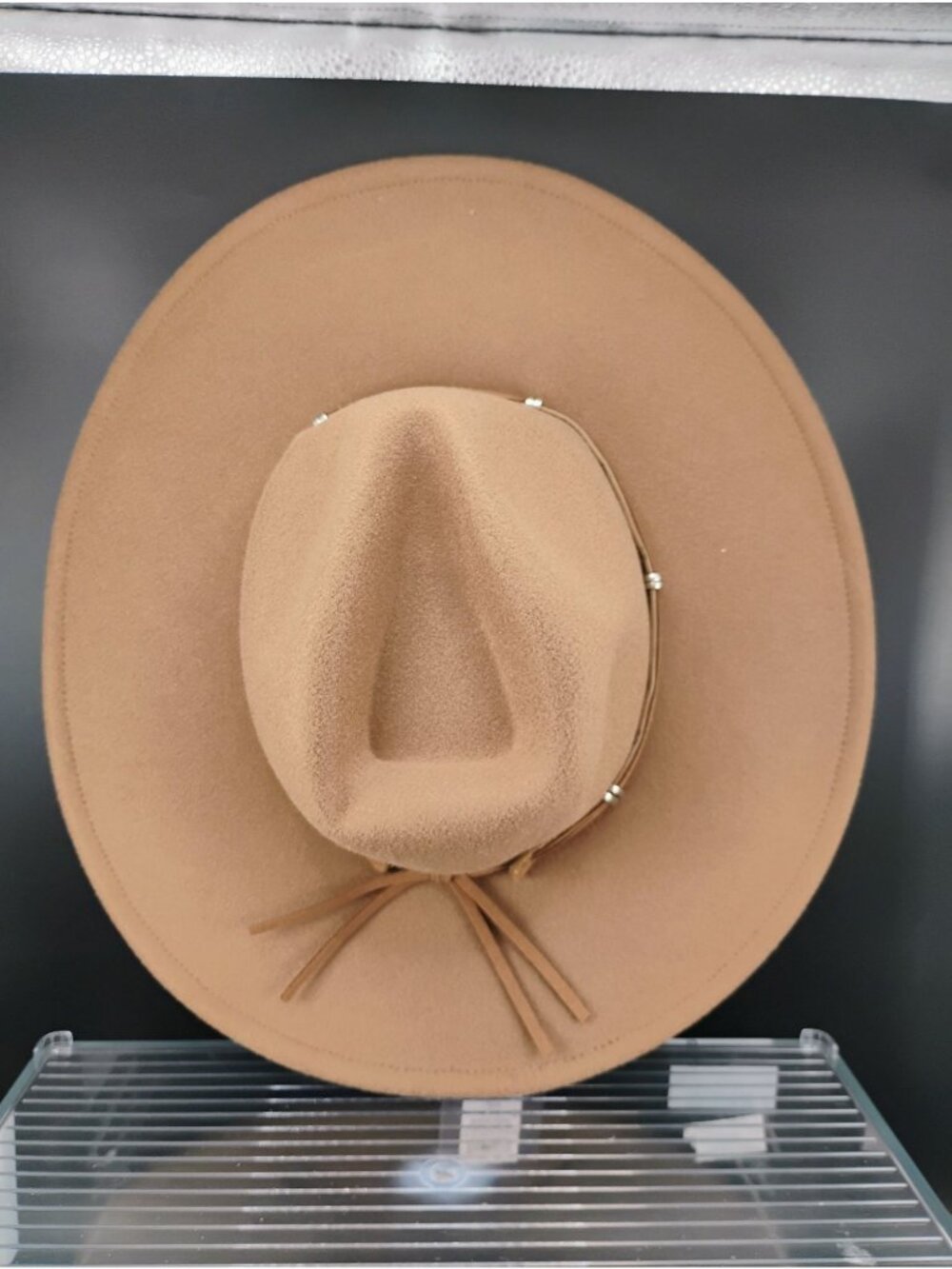 Tan Wide-Brim Wool Fedora With Suede Hatband S/M Adjustable Fit